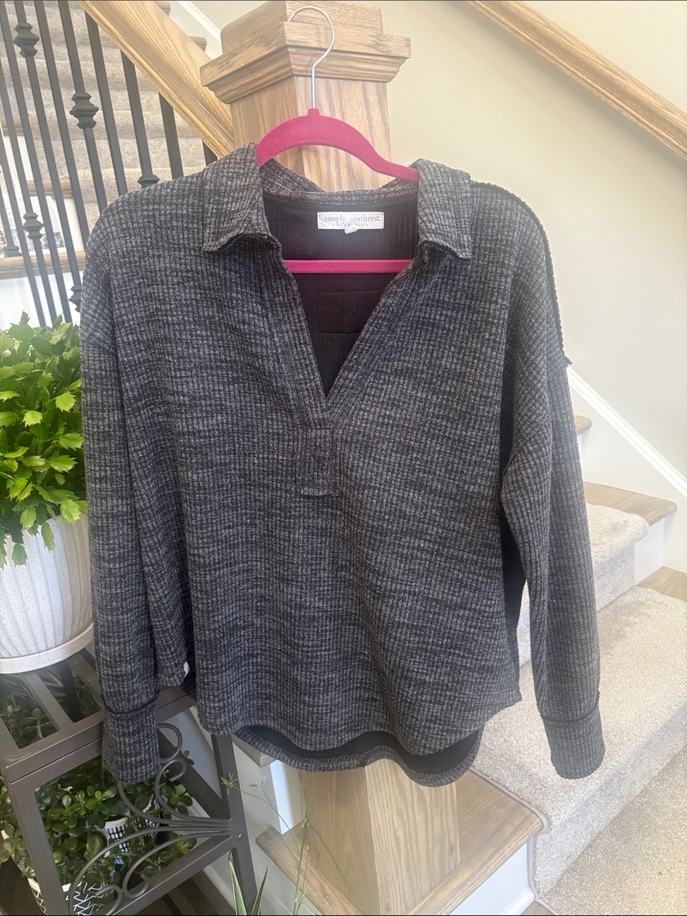 Simply Southern Charcoal Gray Waffle V-Neck Pullover